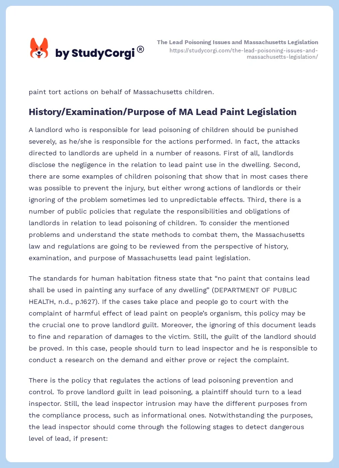 The Lead Poisoning Issues and Massachusetts Legislation. Page 2