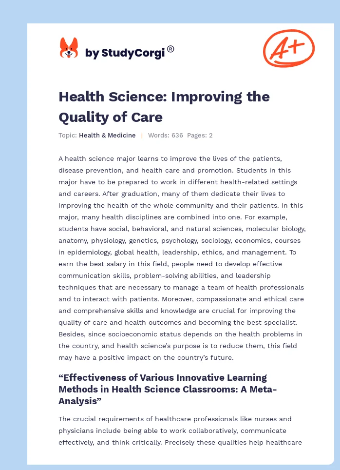 Health Science: Improving the Quality of Care. Page 1