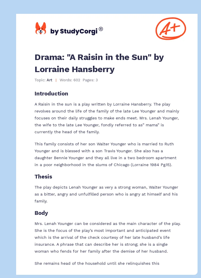 Drama: "A Raisin in the Sun" by Lorraine Hansberry. Page 1