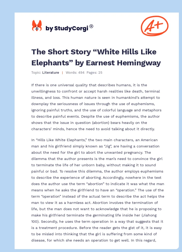 The Short Story “White Hills Like Elephants” by Earnest Hemingway. Page 1