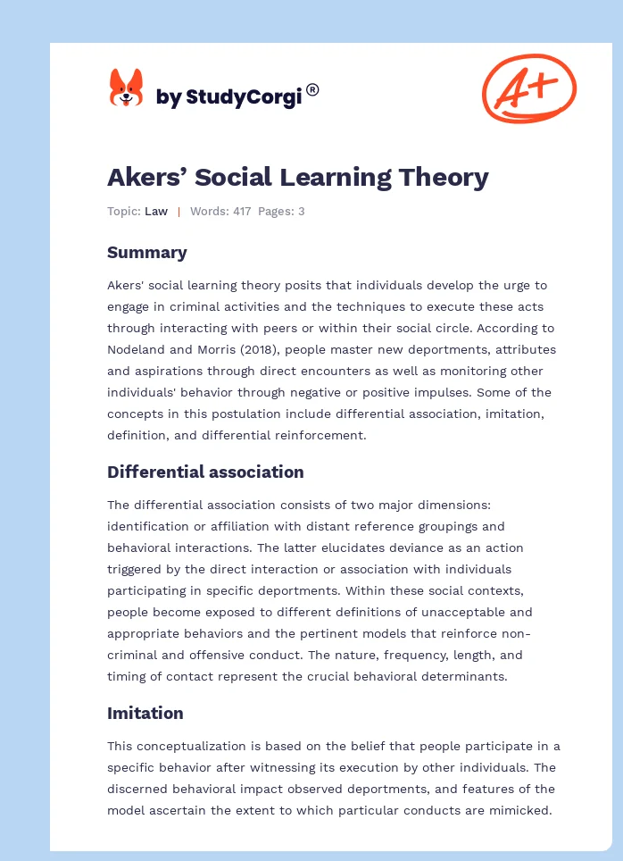 Akers’ Social Learning Theory. Page 1