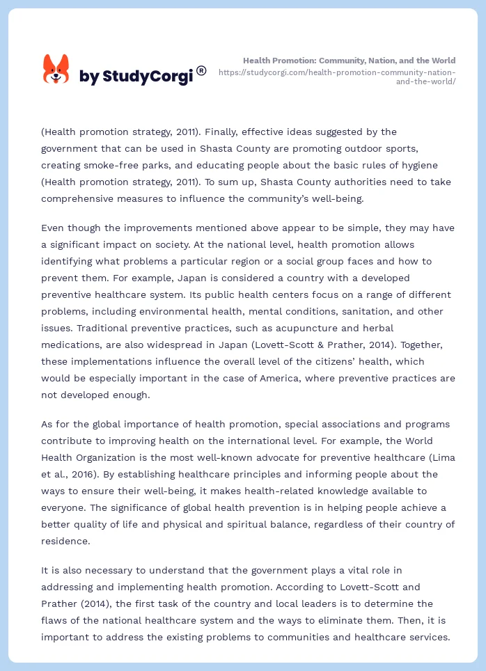 Health Promotion: Community, Nation, and the World. Page 2