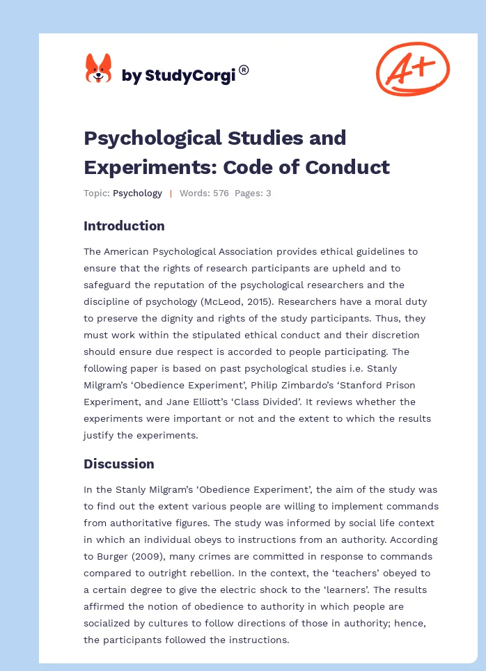 Psychological Studies and Experiments: Code of Conduct. Page 1