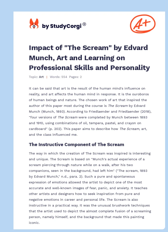 Impact of "The Scream" by Edvard Munch, Art and Learning on Professional Skills and Personality. Page 1