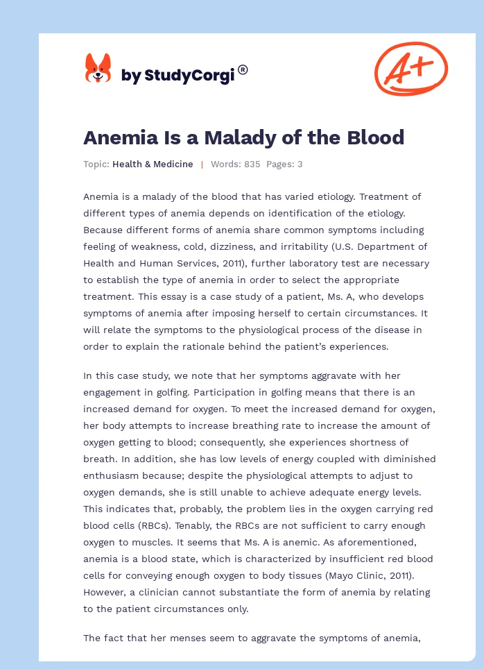 Anemia Is a Malady of the Blood. Page 1