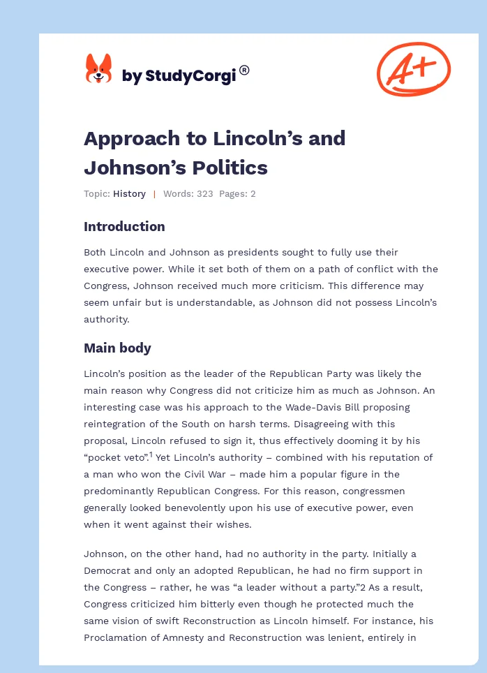 Approach to Lincoln’s and Johnson’s Politics. Page 1