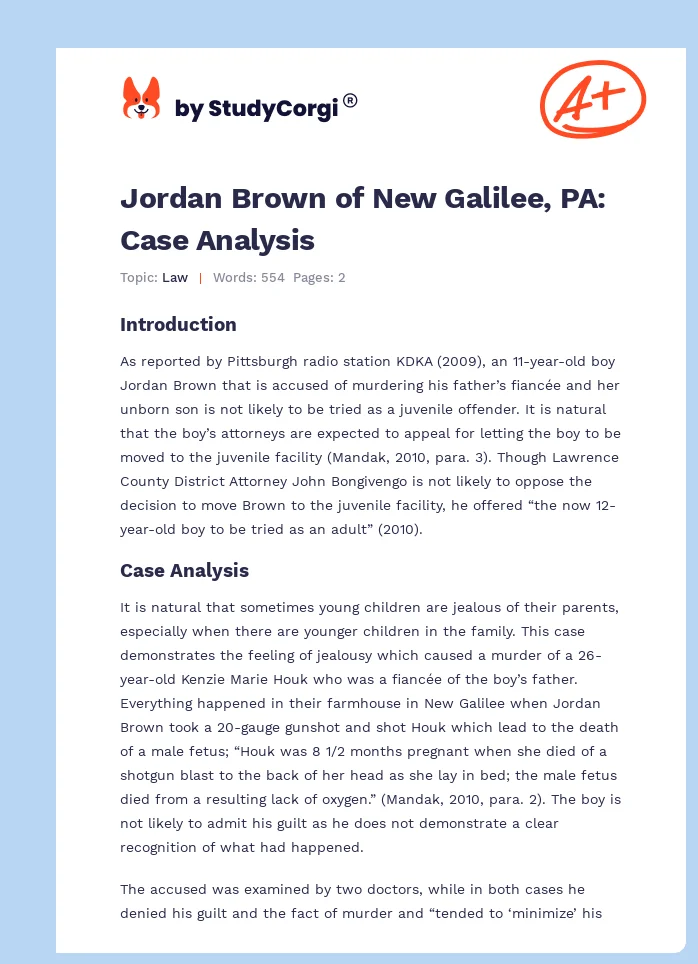 Jordan Brown of New Galilee, PA: Case Analysis. Page 1