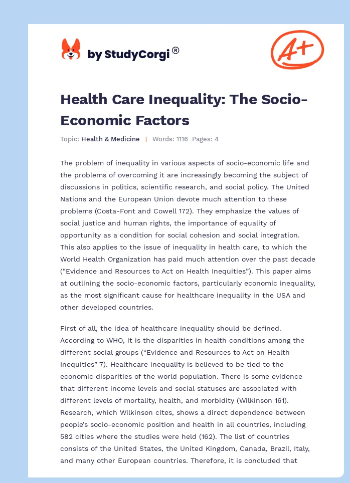 Health Care Inequality: The Socio-Economic Factors. Page 1