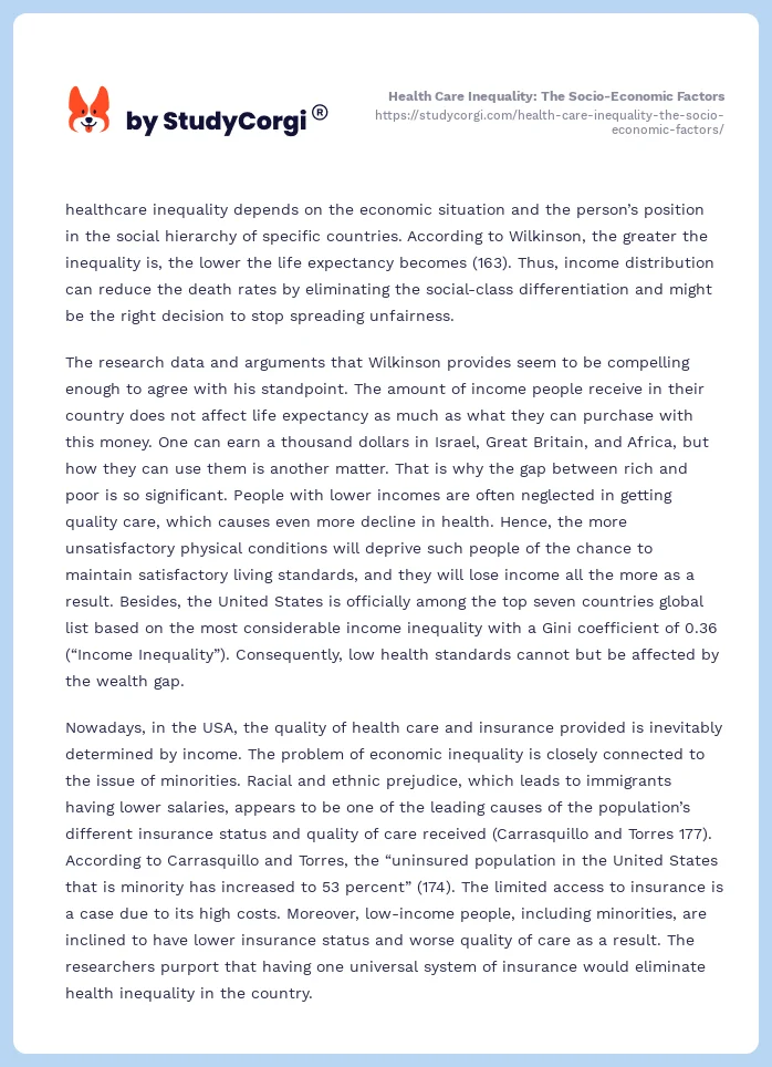 Health Care Inequality: The Socio-Economic Factors. Page 2