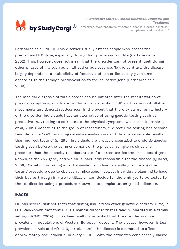 Huntington’s Chorea Disease: Genetics, Symptoms, and Treatment. Page 2