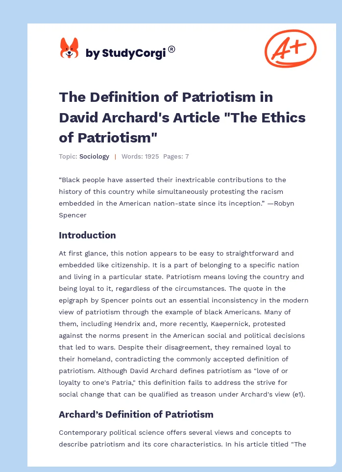 The Definition of Patriotism in David Archard's Article "The Ethics of Patriotism". Page 1