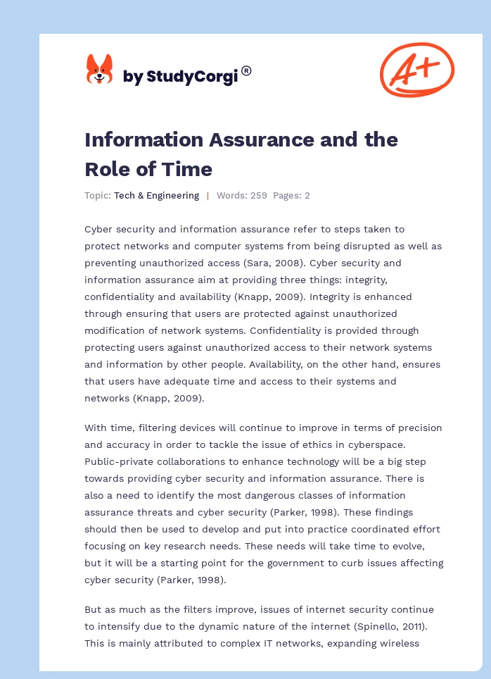 Information Assurance and the Role of Time. Page 1