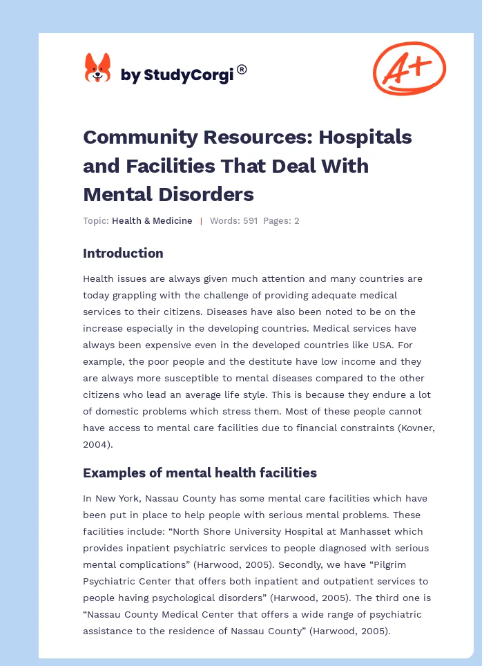 Community Resources: Hospitals and Facilities That Deal With Mental Disorders. Page 1