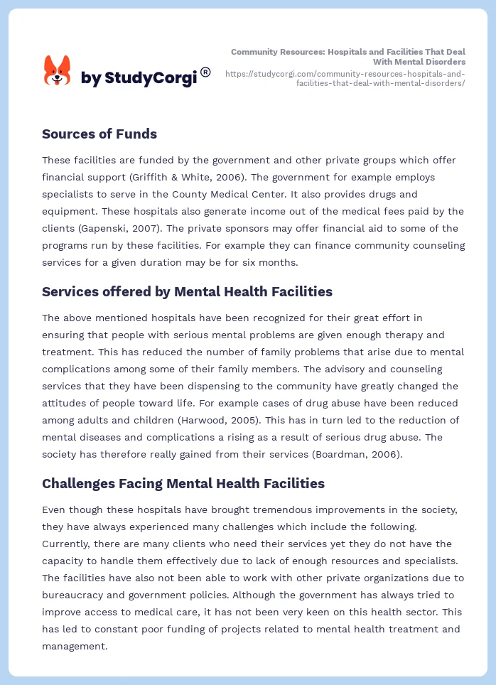 Community Resources: Hospitals and Facilities That Deal With Mental Disorders. Page 2