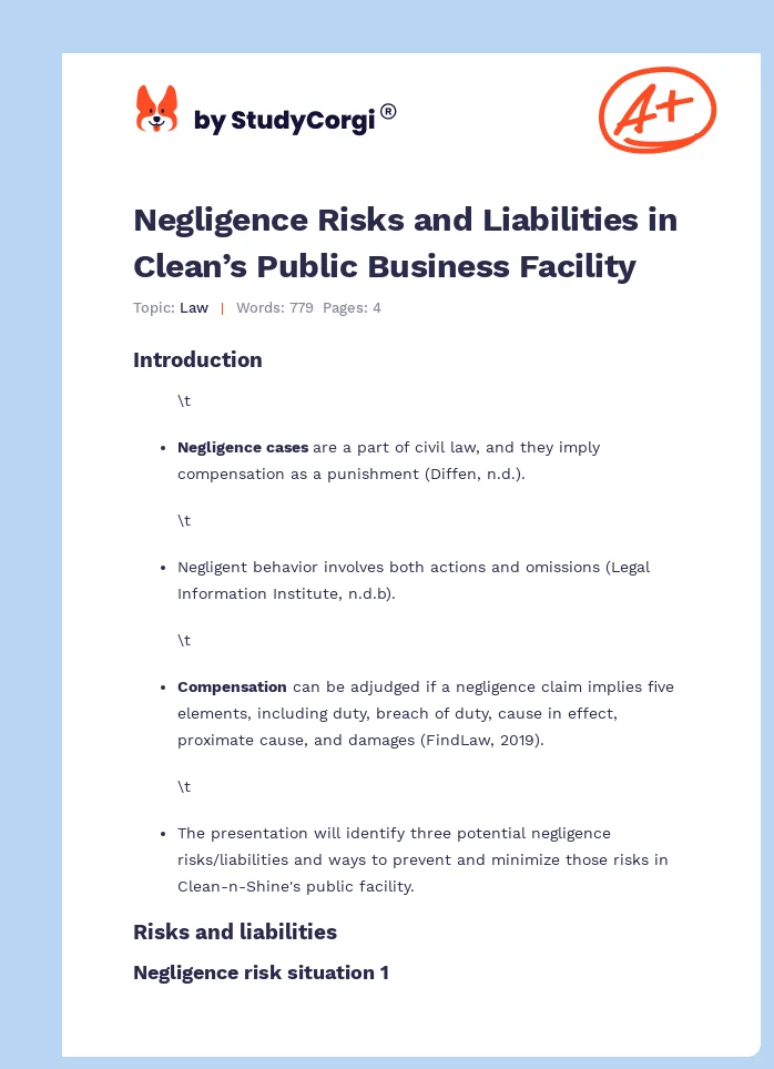 Negligence Risks and Liabilities in Clean’s Public Business Facility. Page 1