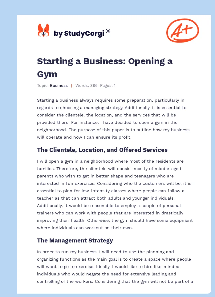 Starting a Business: Opening a Gym. Page 1