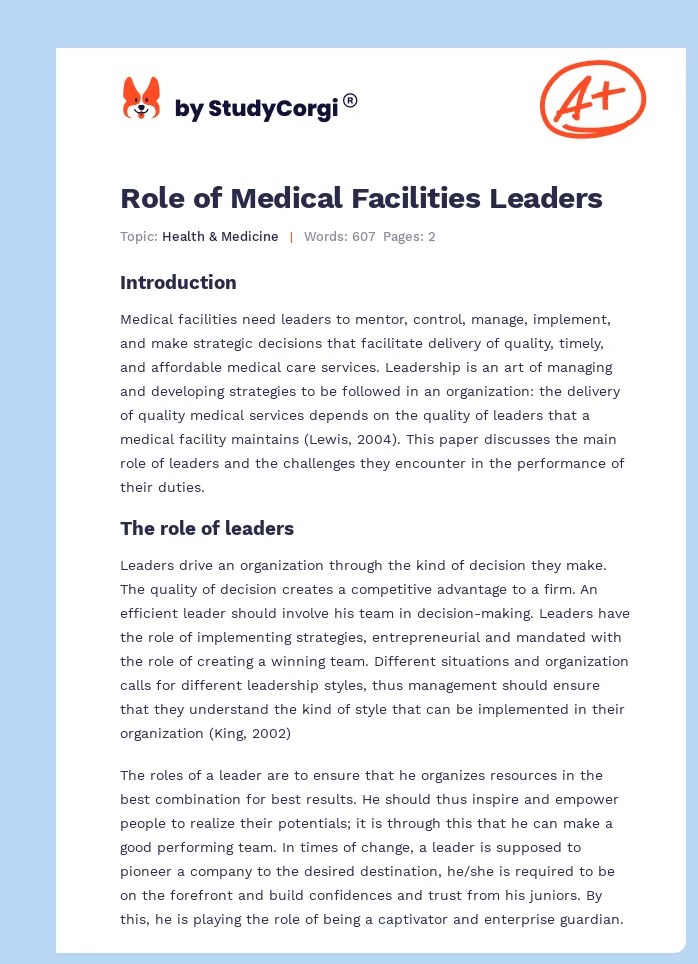 Role of Medical Facilities Leaders. Page 1