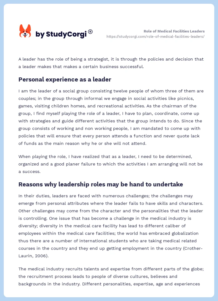 Role of Medical Facilities Leaders. Page 2