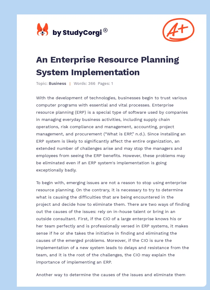 An Enterprise Resource Planning System Implementation. Page 1