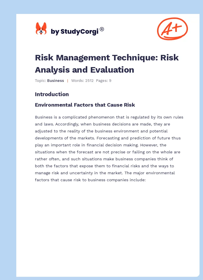 Risk Management Technique: Risk Analysis and Evaluation. Page 1