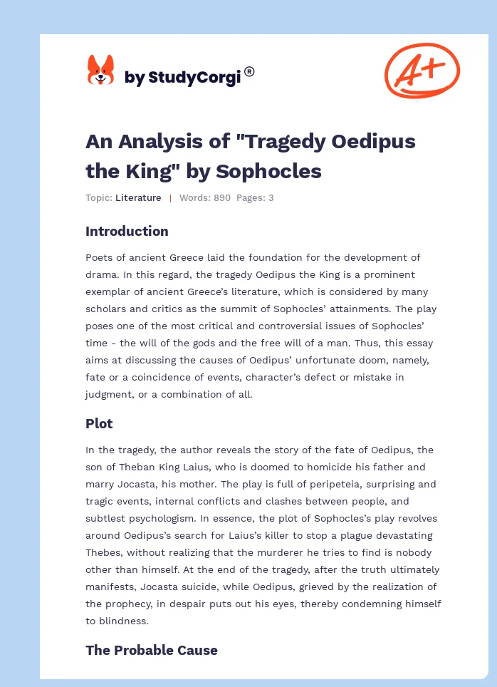 An Analysis of "Tragedy Oedipus the King" by Sophocles. Page 1