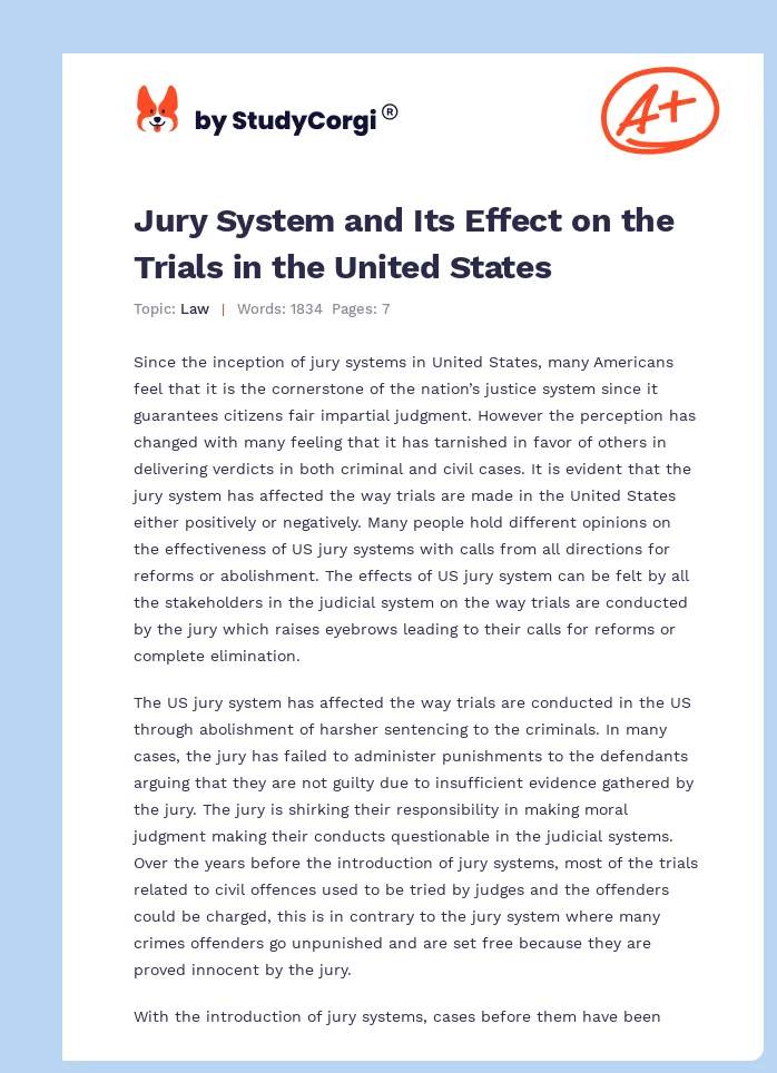 Jury System and Its Effect on the Trials in the United States. Page 1