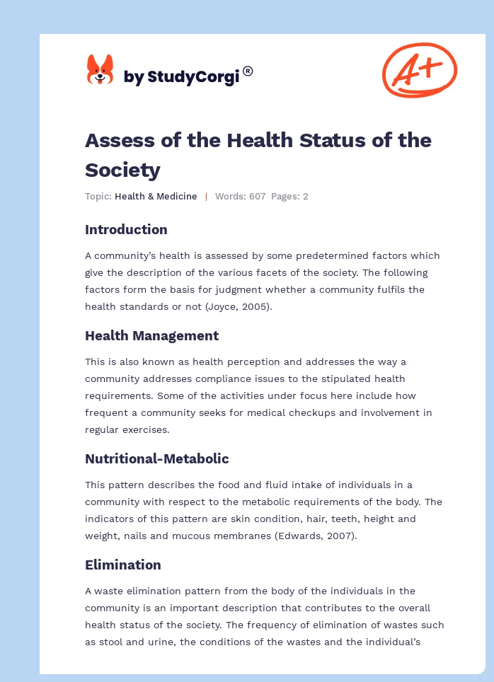 Assess of the Health Status of the Society. Page 1