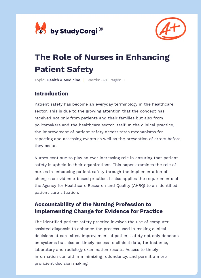 The Role of Nurses in Enhancing Patient Safety. Page 1