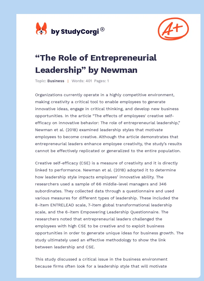 “The Role of Entrepreneurial Leadership” by Newman. Page 1