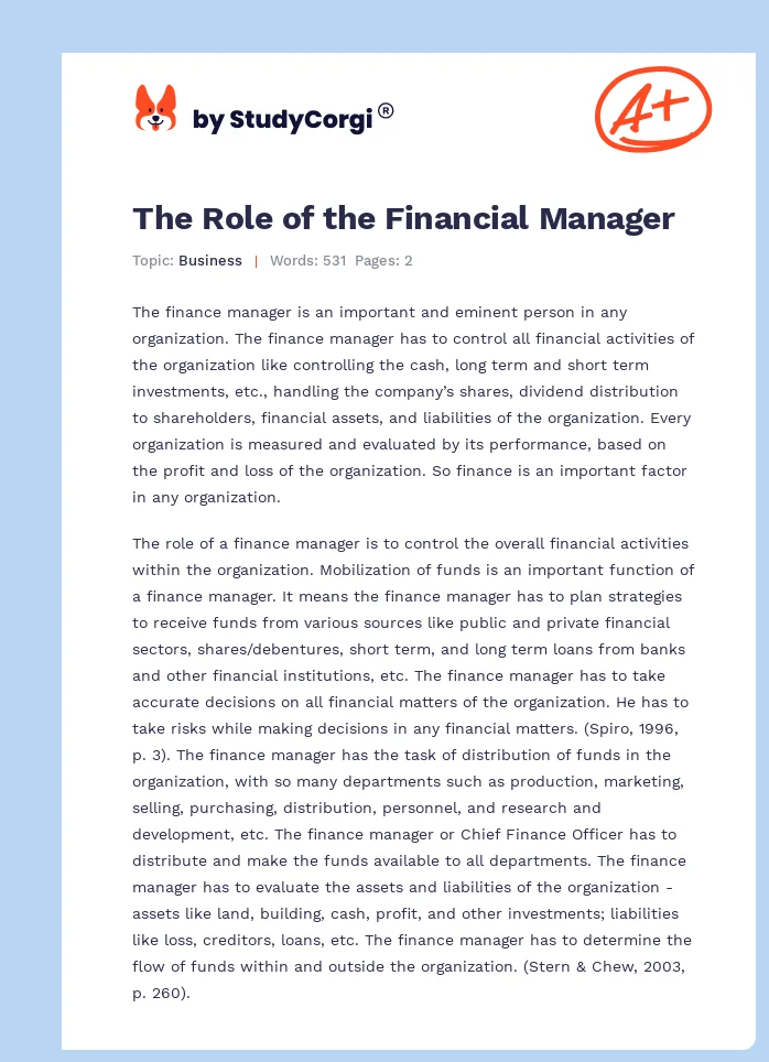 The Role of the Financial Manager. Page 1