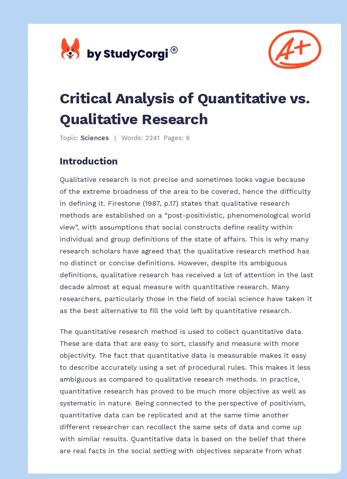 Critical Analysis of Quantitative vs. Qualitative Research. Page 1