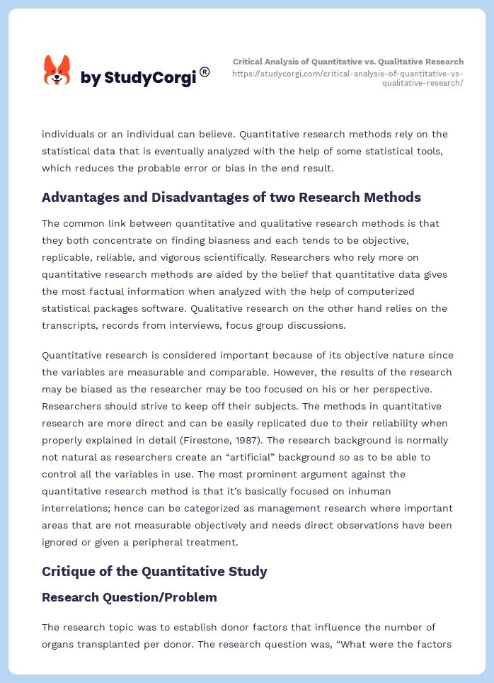 Critical Analysis of Quantitative vs. Qualitative Research. Page 2
