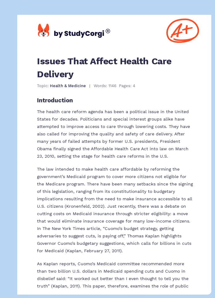Issues That Affect Health Care Delivery. Page 1