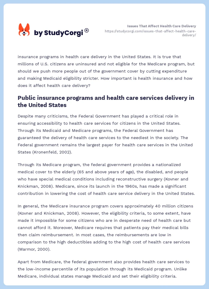 Issues That Affect Health Care Delivery. Page 2