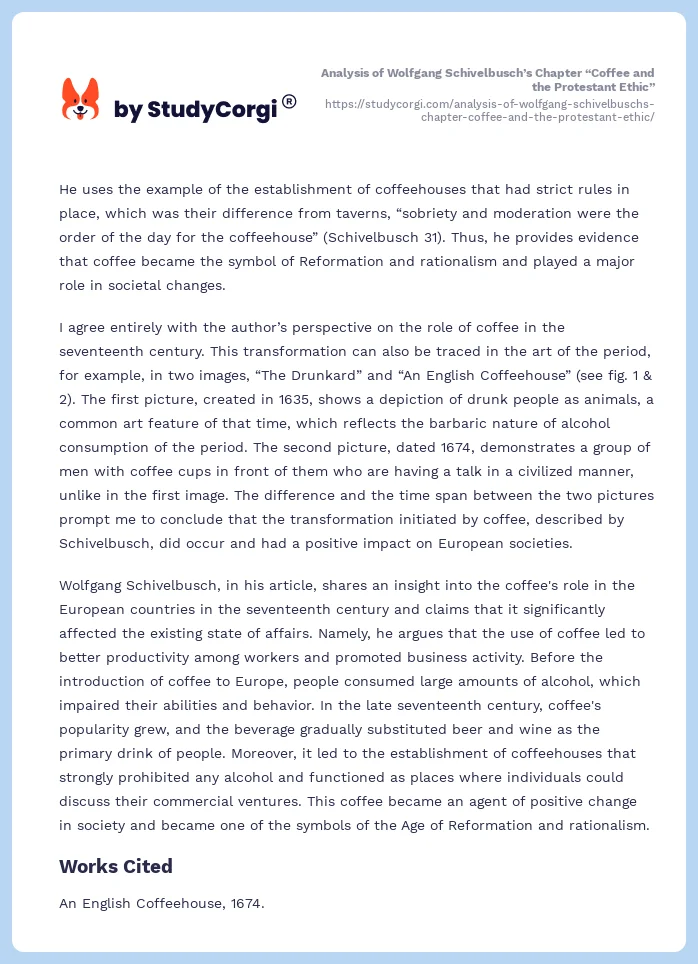 Analysis of Wolfgang Schivelbusch’s Chapter “Coffee and the Protestant Ethic”. Page 2