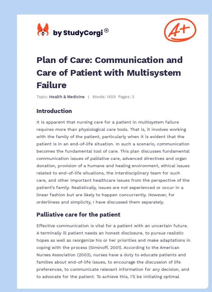 Plan of Care: Communication and Care of Patient with Multisystem Failure. Page 1