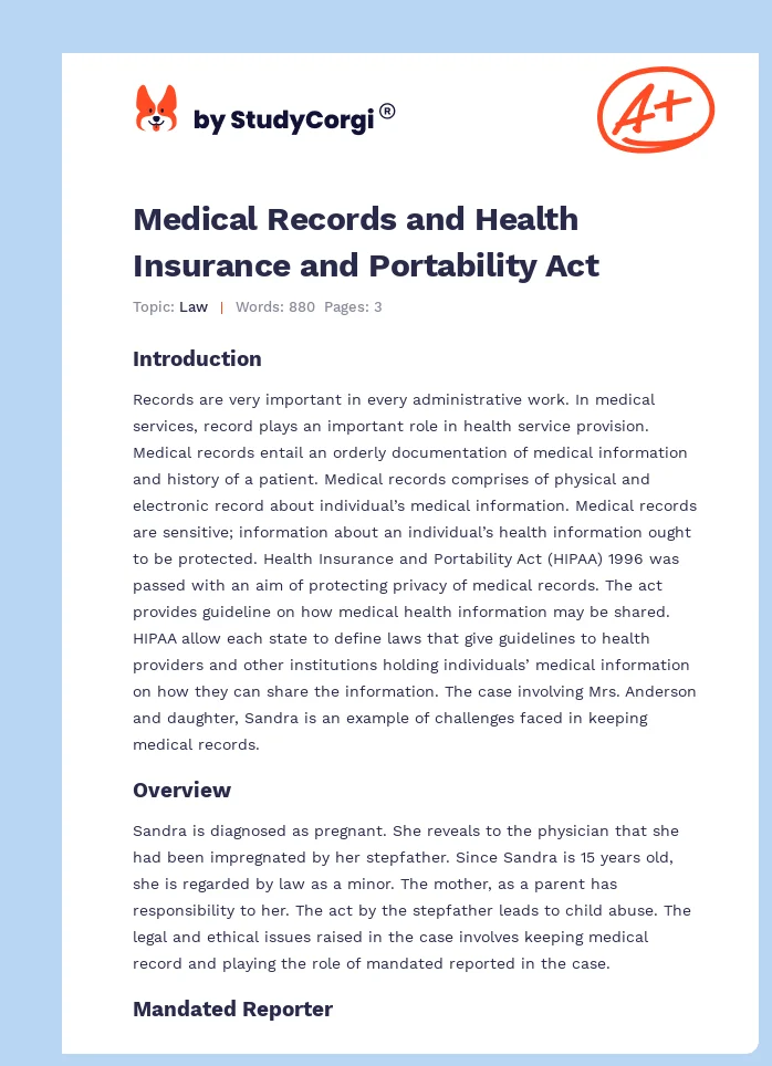 Medical Records and Health Insurance and Portability Act. Page 1