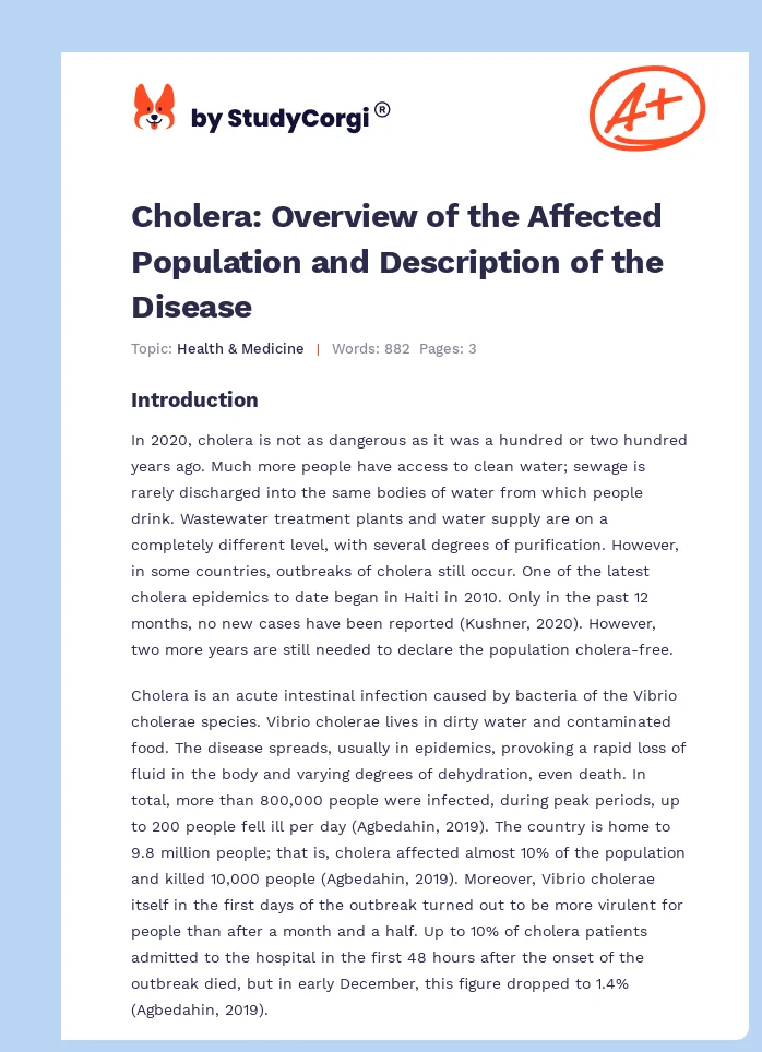 Cholera: Overview of the Affected Population and Description of the Disease. Page 1