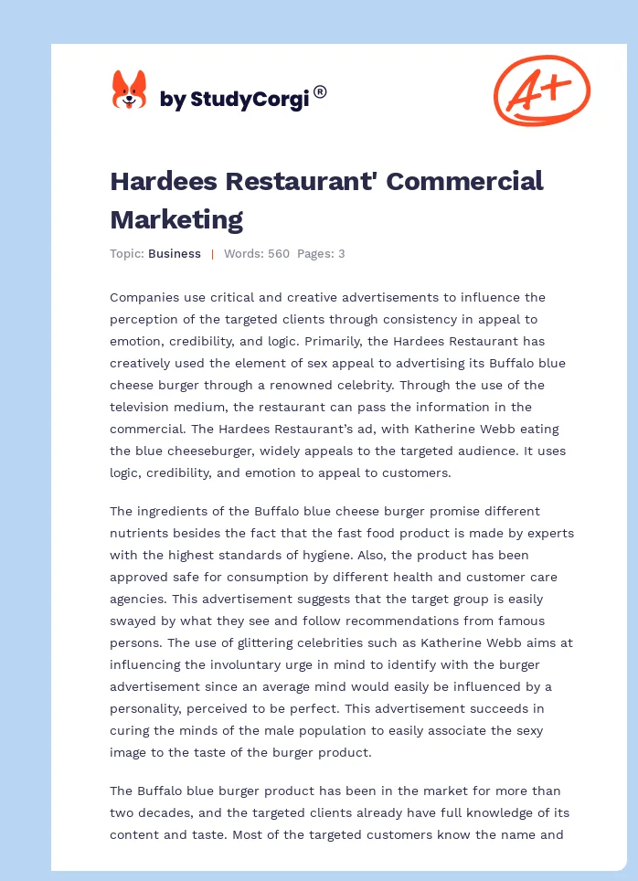 Hardees Restaurant' Commercial Marketing. Page 1