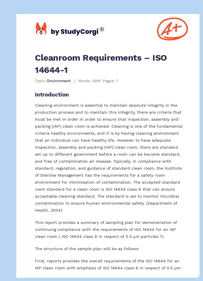 Cleanroom Requirements – ISO 14644-1. Page 1