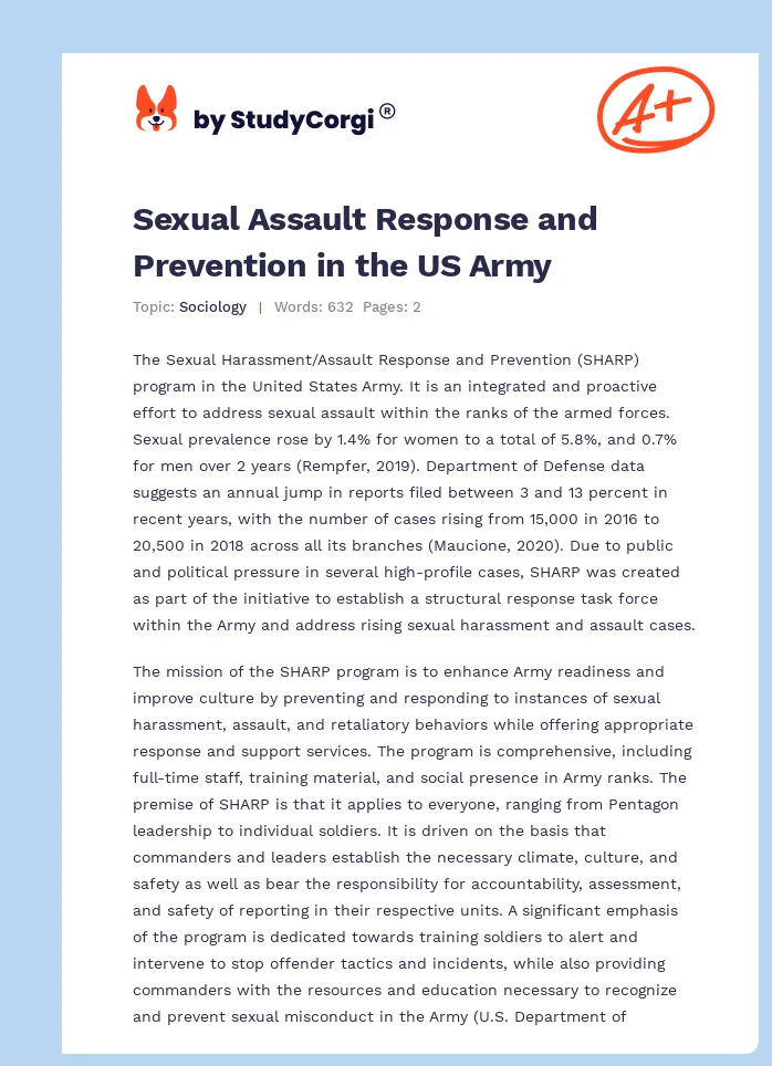 Sexual Assault Response and Prevention in the US Army. Page 1