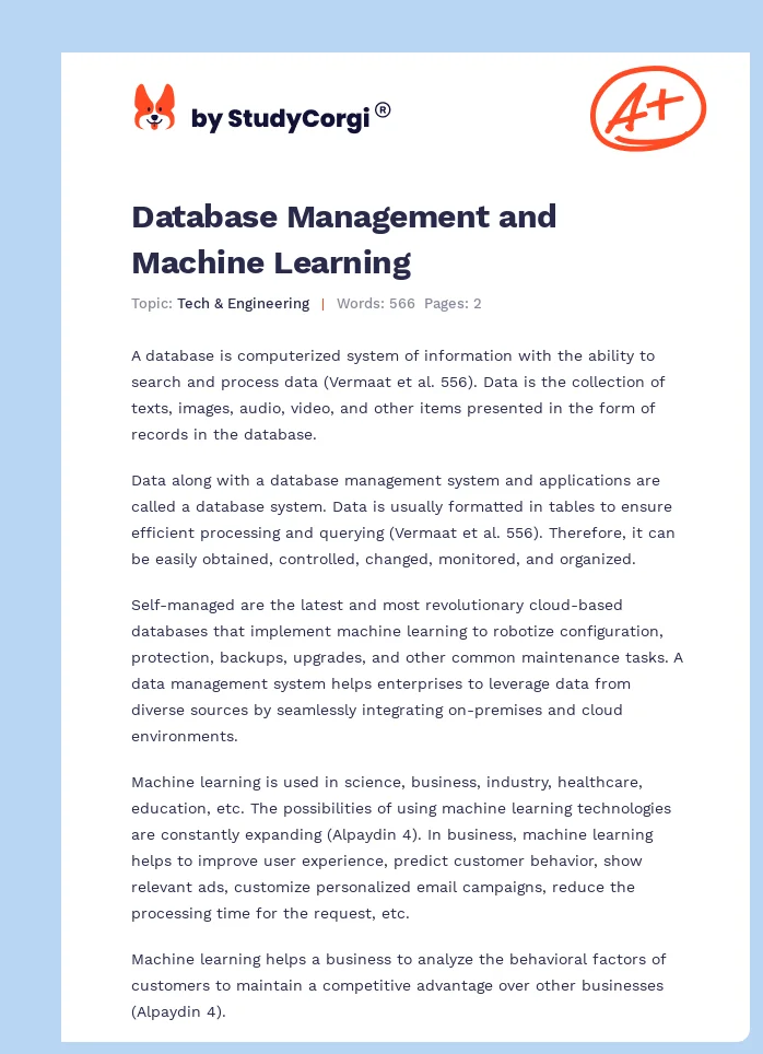 Database Management and Machine Learning. Page 1