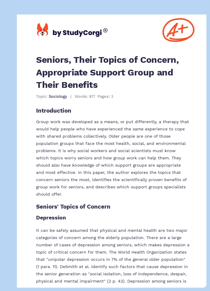 Seniors, Their Topics of Concern, Appropriate Support Group and Their Benefits. Page 1