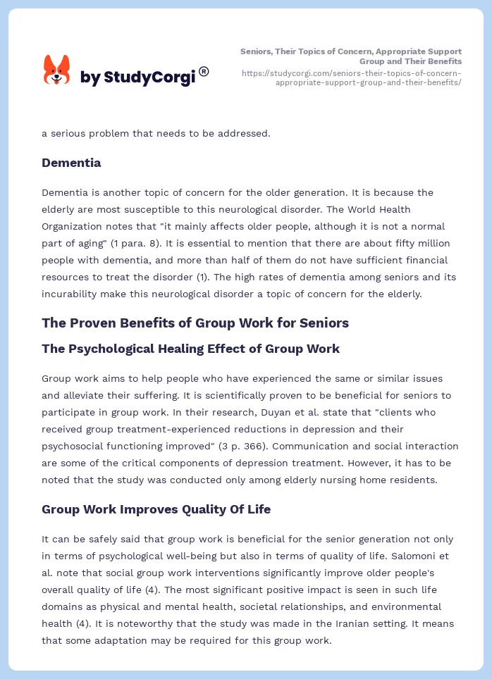 Seniors, Their Topics of Concern, Appropriate Support Group and Their Benefits. Page 2