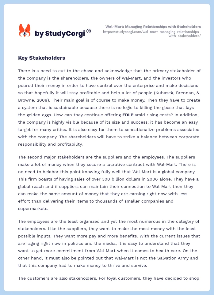 Wal-Mart: Managing Relationships with Stakeholders. Page 2