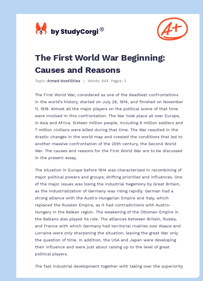 The First World War Beginning: Causes and Reasons. Page 1