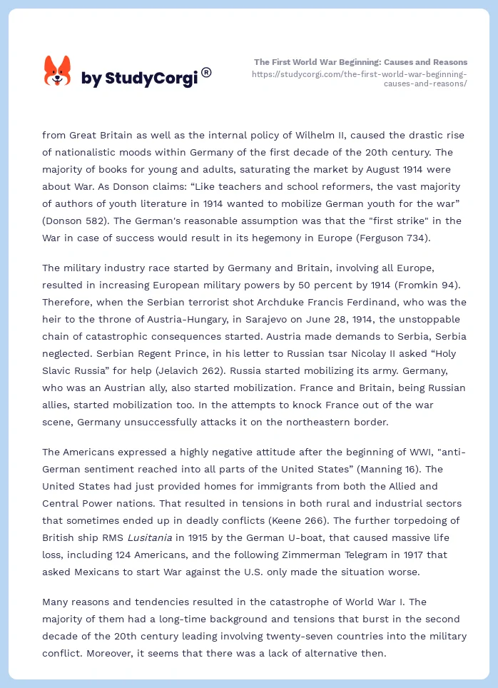 The First World War Beginning: Causes and Reasons. Page 2