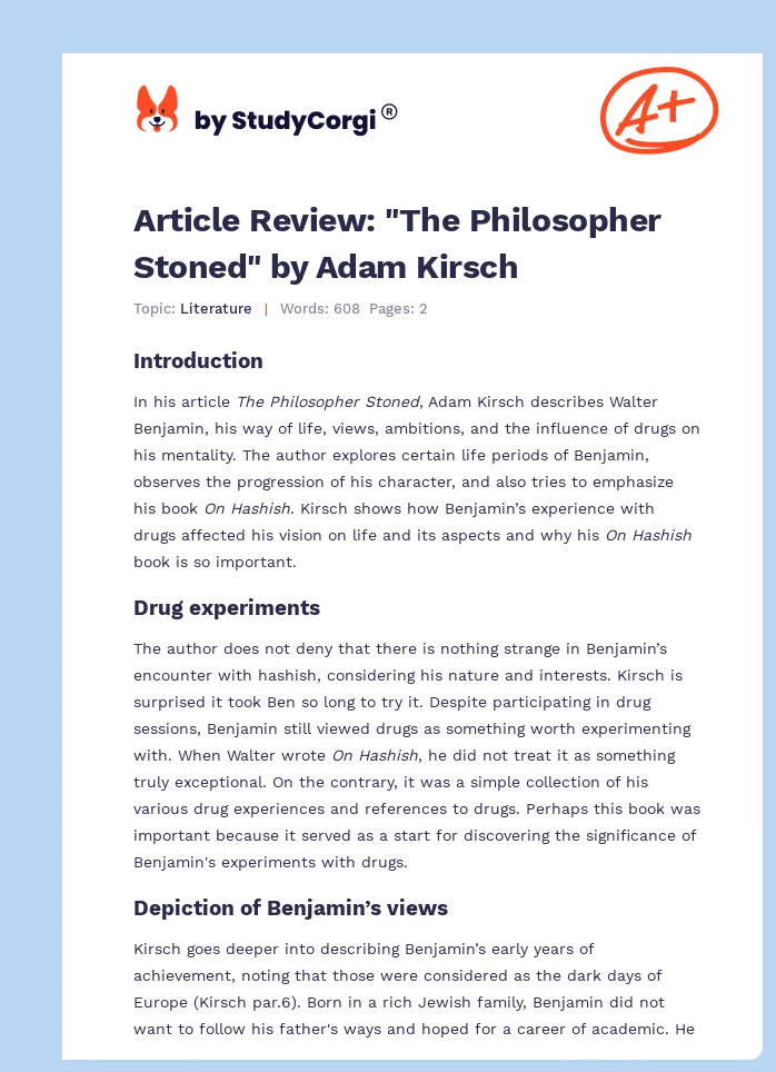 Article Review: "The Philosopher Stoned" by Adam Kirsch. Page 1