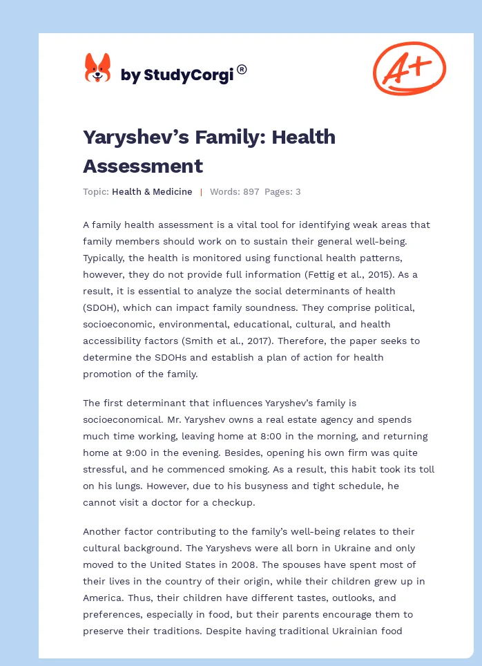 Yaryshev’s Family: Health Assessment. Page 1