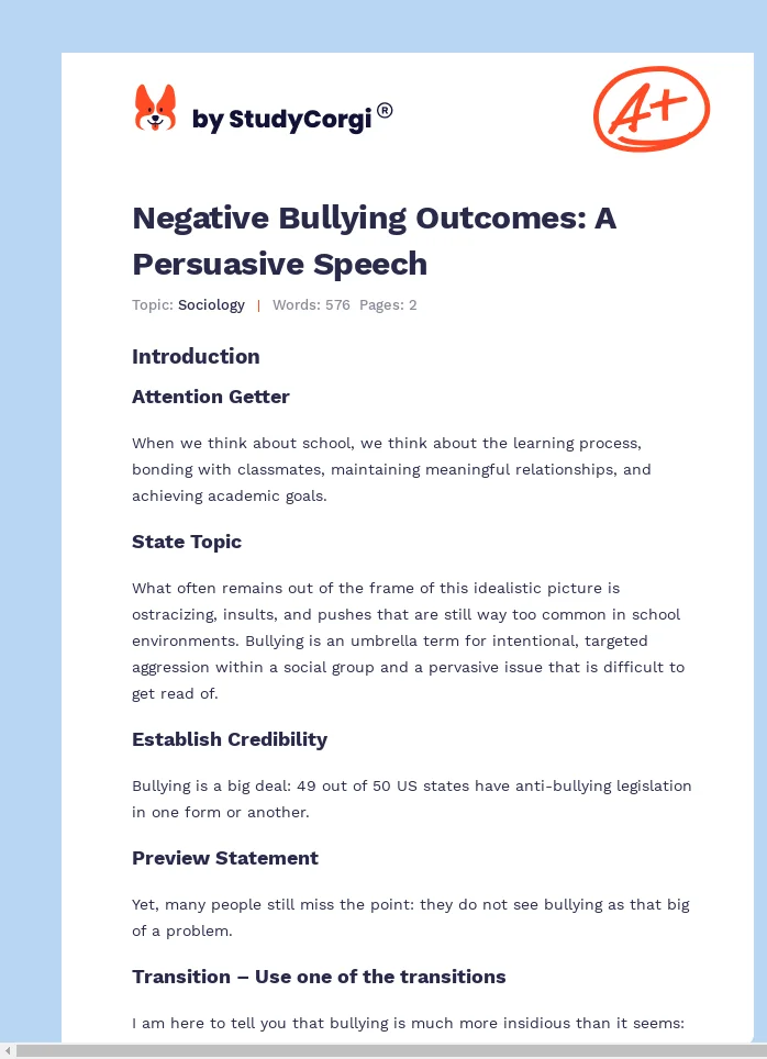 Negative Bullying Outcomes: A Persuasive Speech. Page 1